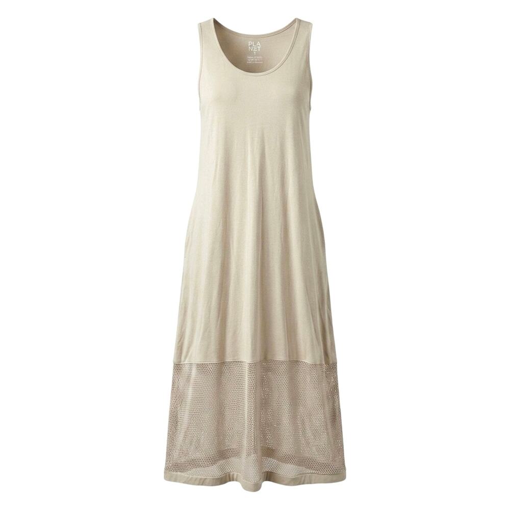Planet 100% Cotton Tank Maxi Dress Mesh Hem Beige Tan Size 1 Peruvian Lagenlook